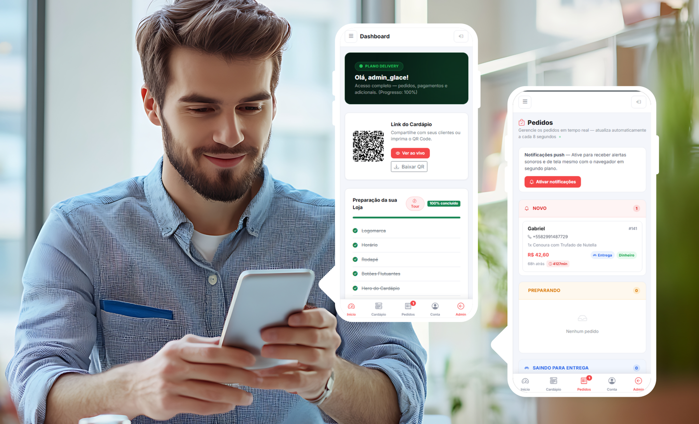 Painel administrativo do E-Menu Virtual com gestão de pedidos e cardápio